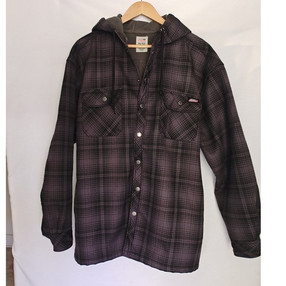 Dickies Jacket Plaid Flannel Lined Hooded Shirt XL Grey Purple Black Snap XL - Picture 2 of 10